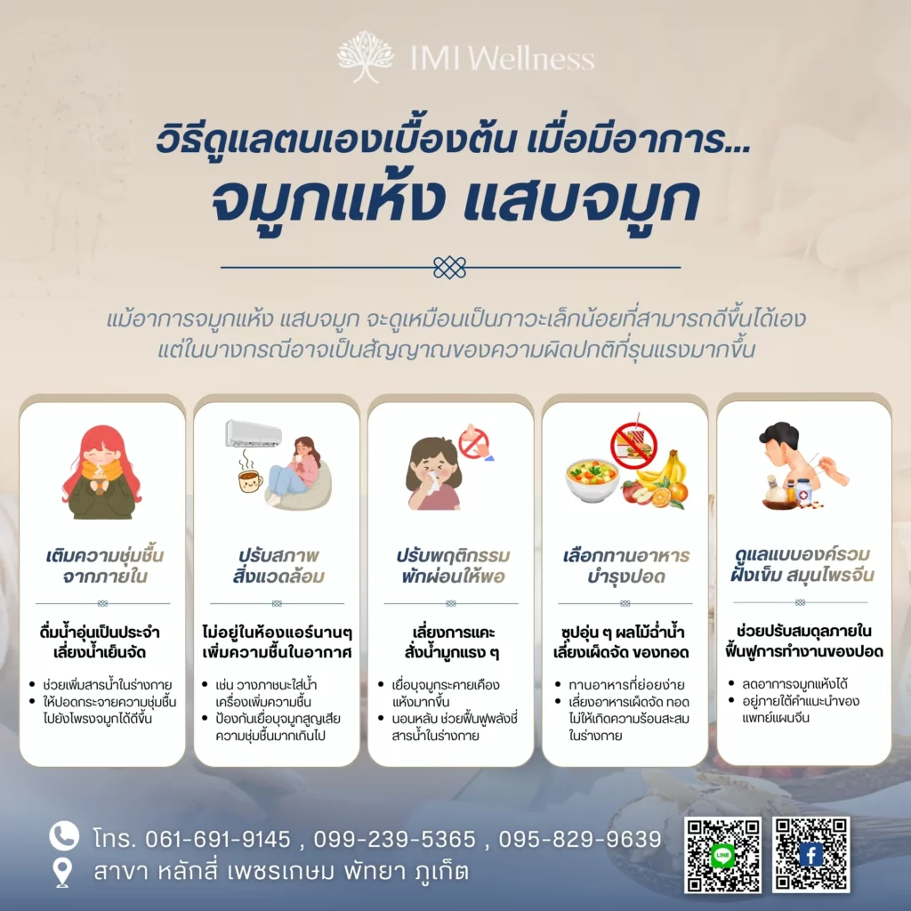 อินโฟกราฟิกวิธีดูแลตนเองเบื้องต้นเมื่อจมูกแห้งและแสบจมูก