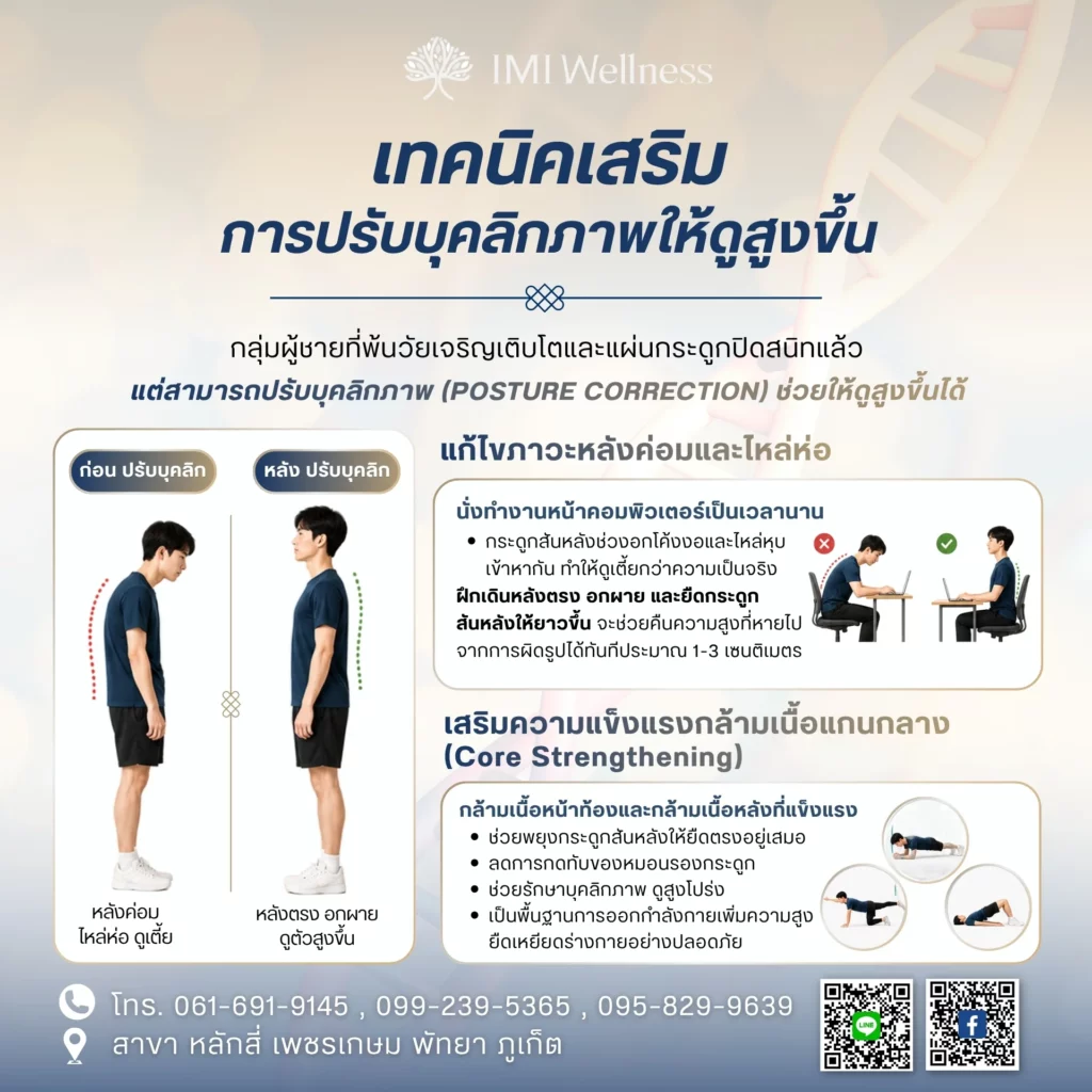 อินโฟกราฟิกเทคนิคปรับบุคลิกภาพและเสริมกล้ามเนื้อแกนกลางให้ดูสูงขึ้น