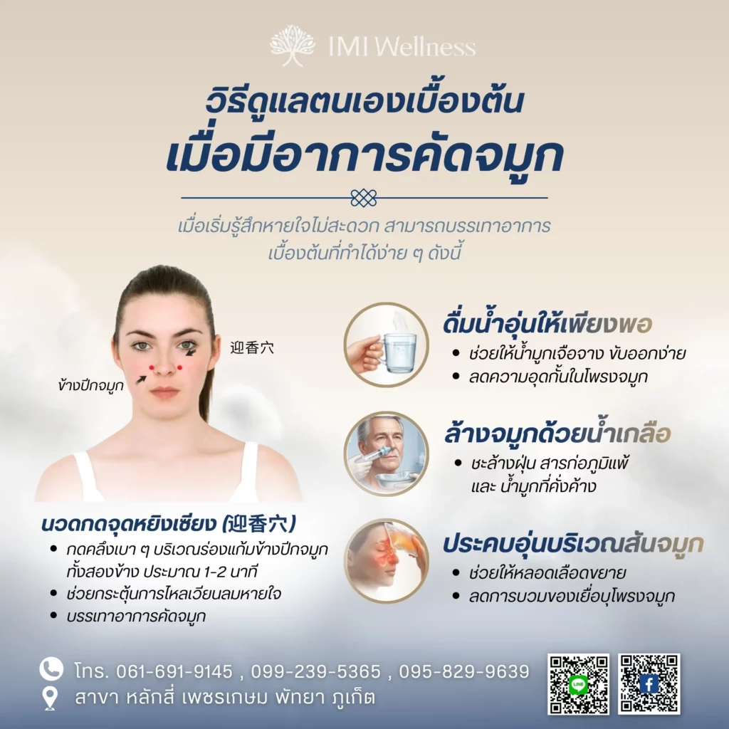 อินโฟกราฟิกวิธีดูแลตนเองเบื้องต้นเมื่อมีอาการคัดจมูก